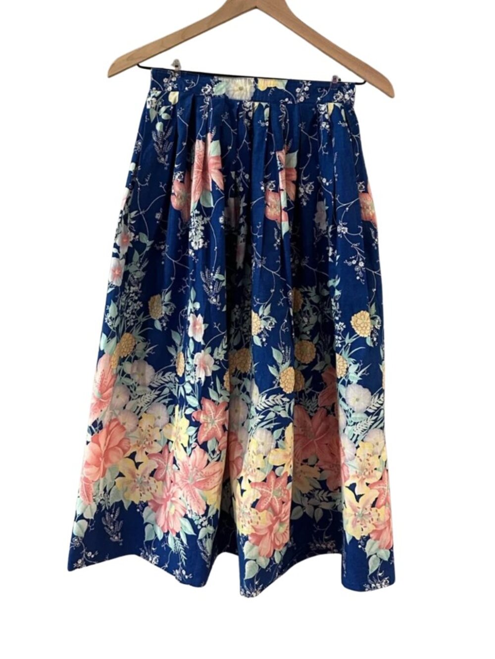 Vintage Midi Skirt - Royal Blue with Pastel Flowers